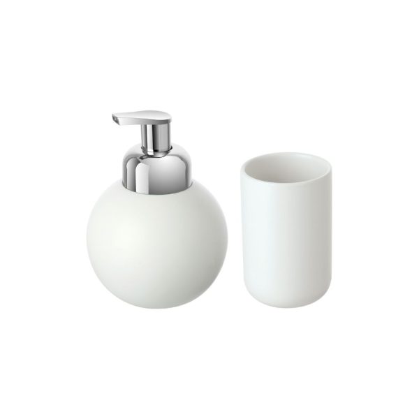 Set 2 pezzi dispenser sapone + porta spazzolini accessori da bagno in ceramica bianco