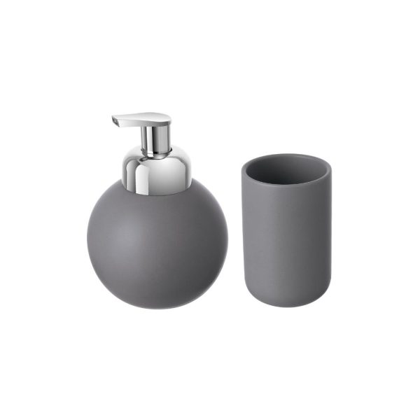 Set 2 pezzi dispenser sapone + porta spazzolini accessori da bagno in ceramica grigio