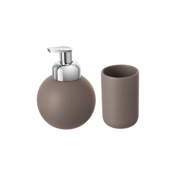 Set 2 pezzi dispenser sapone + porta spazzolini accessori da bagno in ceramica tortora