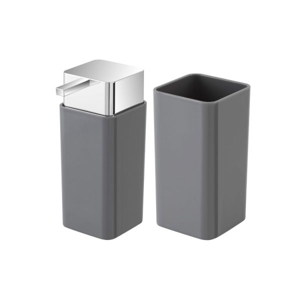 Set 2 pezzi dispenser sapone + porta spazzolini accessori da bagno in plastica grigio
