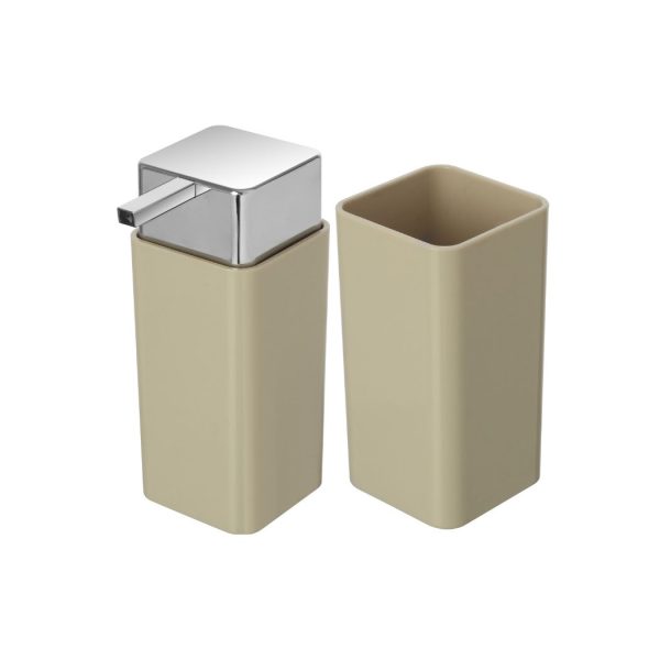 Set 2 pezzi dispenser sapone + porta spazzolini accessori da bagno in plastica tortora