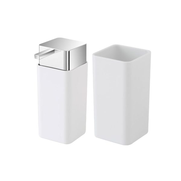 Set 2 pezzi dispenser sapone + porta spazzolini accessori da bagno in plastica bianco