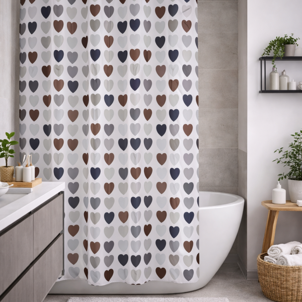 Tenda Doccia Cuori in Tessuto Poliestere con Ganci Inclusi L 180 &times; H 200 cm